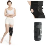 Woman wearing hinged knee brace orthopedic knee stabilizer for post-op recovery