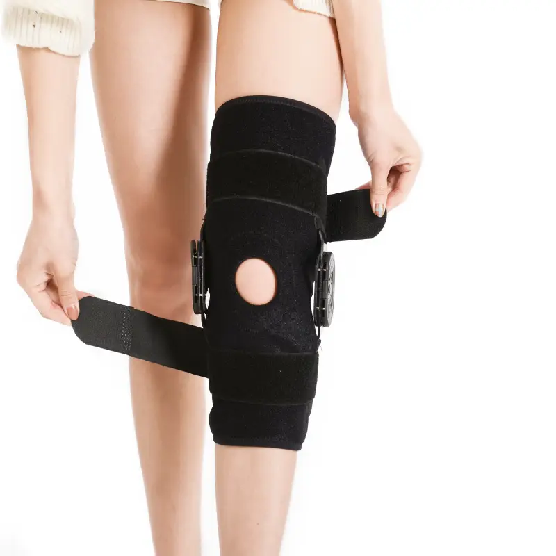 Hinged knee brace worn on leg, open patella design knee support brace